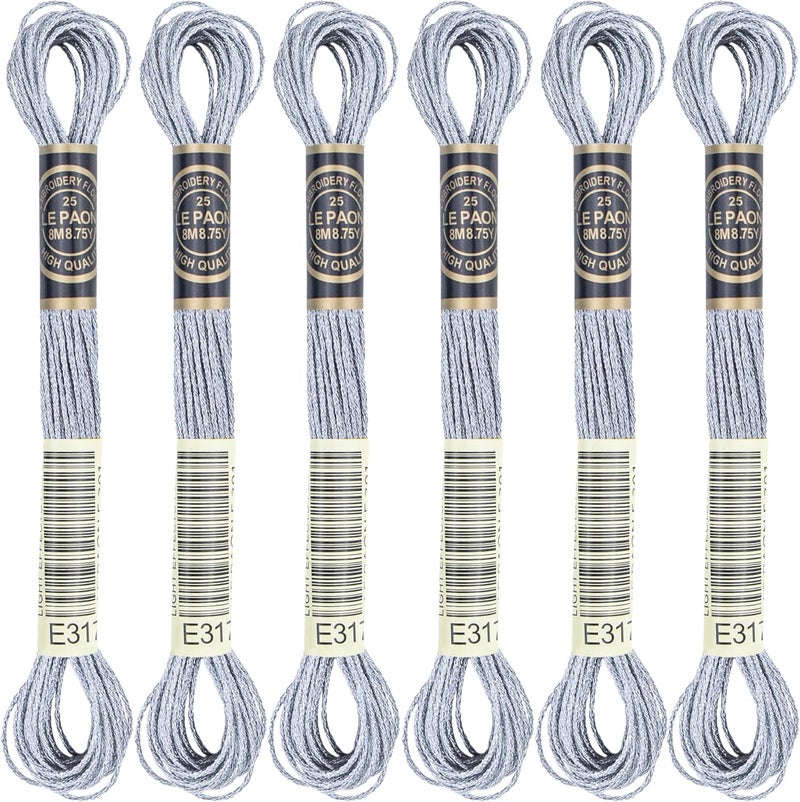 krastmon 6 Skeins Embroidery Thread, Metallic Grey Embroidery Floss Friendship Bracelet String, Polyester Cross-Stitch Threads for Hand Embroidery, String Art - Image 1